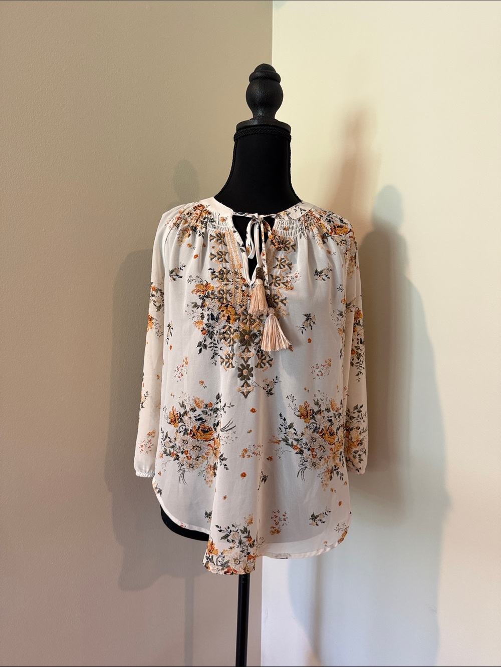 Jolt White Floral Tie-Neck Blouse with Mustard Accents
